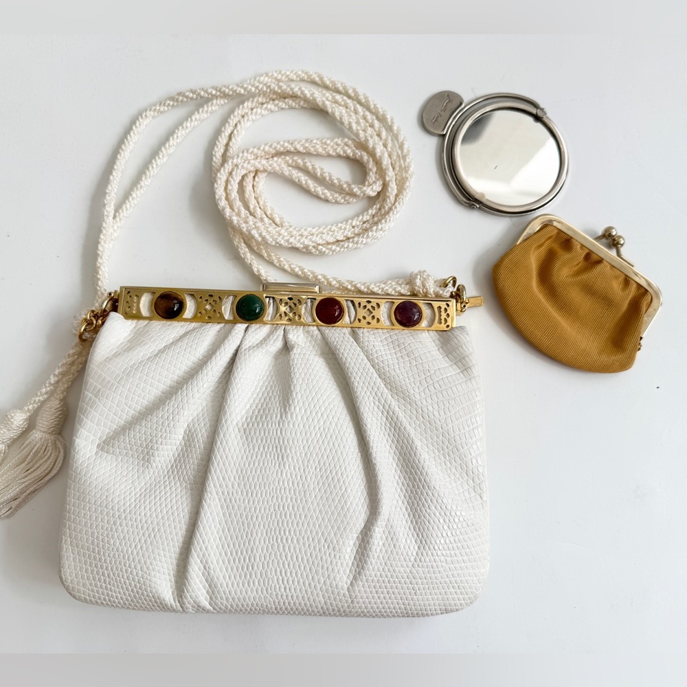 JUDITH LEIBER Vintage White Lizard Clutch Bag Tassel Strap Mirror coin purse